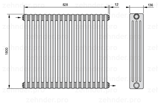 Схема (чертеж) Радиатор Zehnder Charleston 4180/18 №1670 Белый глянцевый RAL 9016